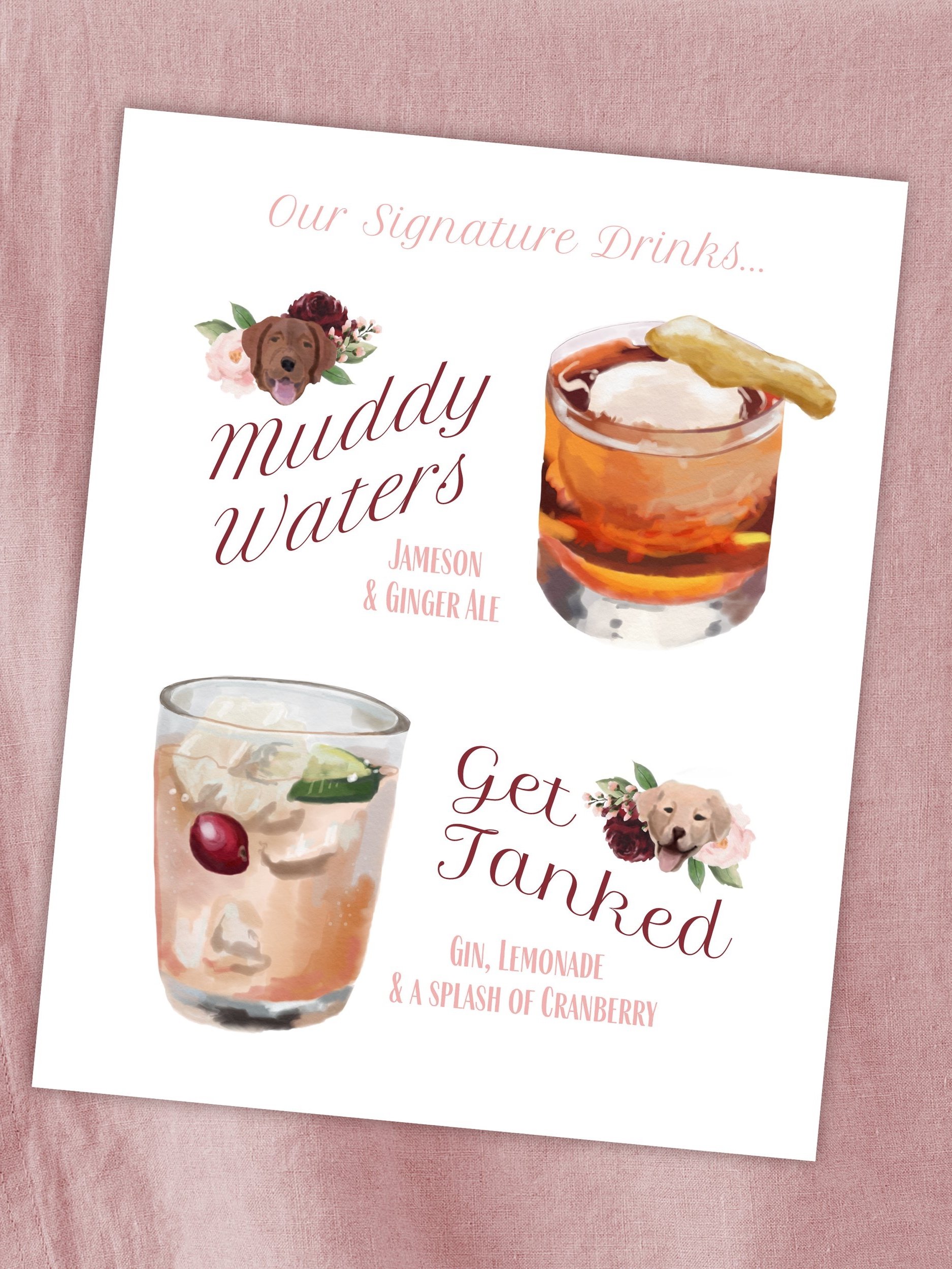  Day-Of Stationery: Signature Drinks sign featuring the couple's two dogs! 