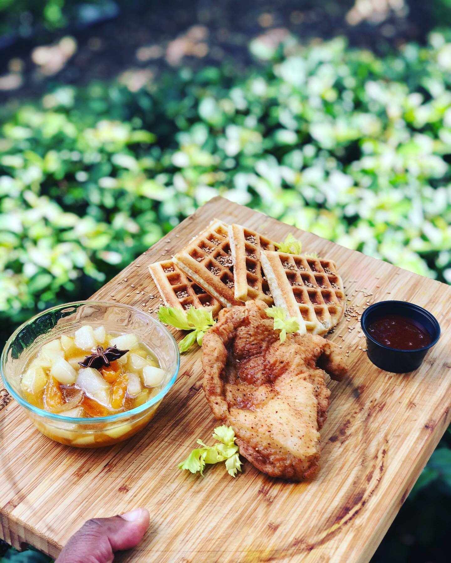 Thursday Meal...

Korean Fried Chicken &amp; Waffles....Benne Seed Rice Flour Waffle, Pear Apricot Compote scented with Star Anise and Crystallized Ginger, Gochujang Honey Sauce on the side $13 each 

Chef Kenny&rsquo;s Private Chef Services

Mission