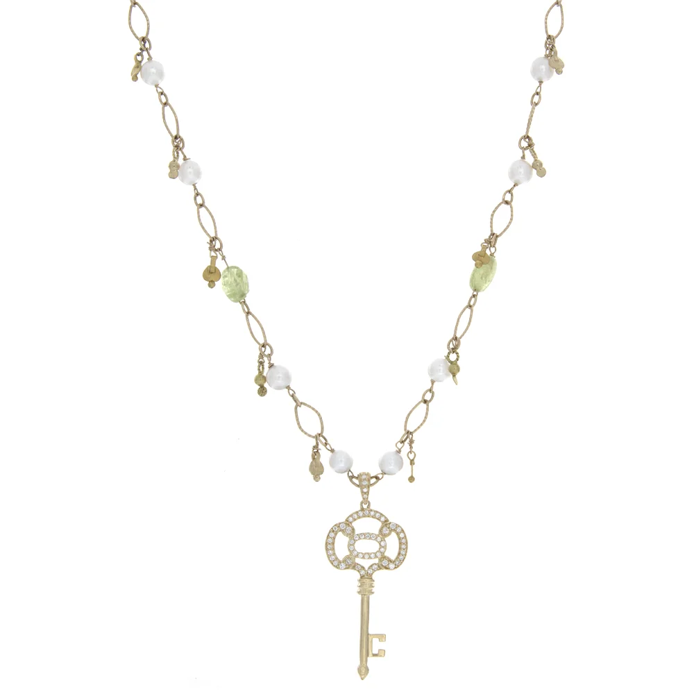 18k YG Chrysoprase Pearl Necklace with Diamond Pendant