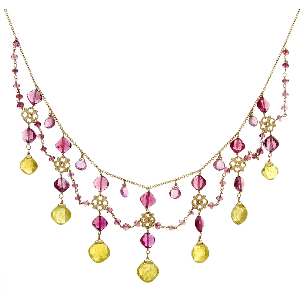 14-22 YG Pink and Yellow Tourmaline Necklace