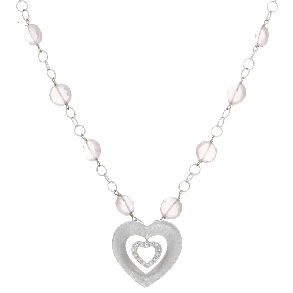 18k WG Rose Quartz Necklace with Diamond Heart Pendant