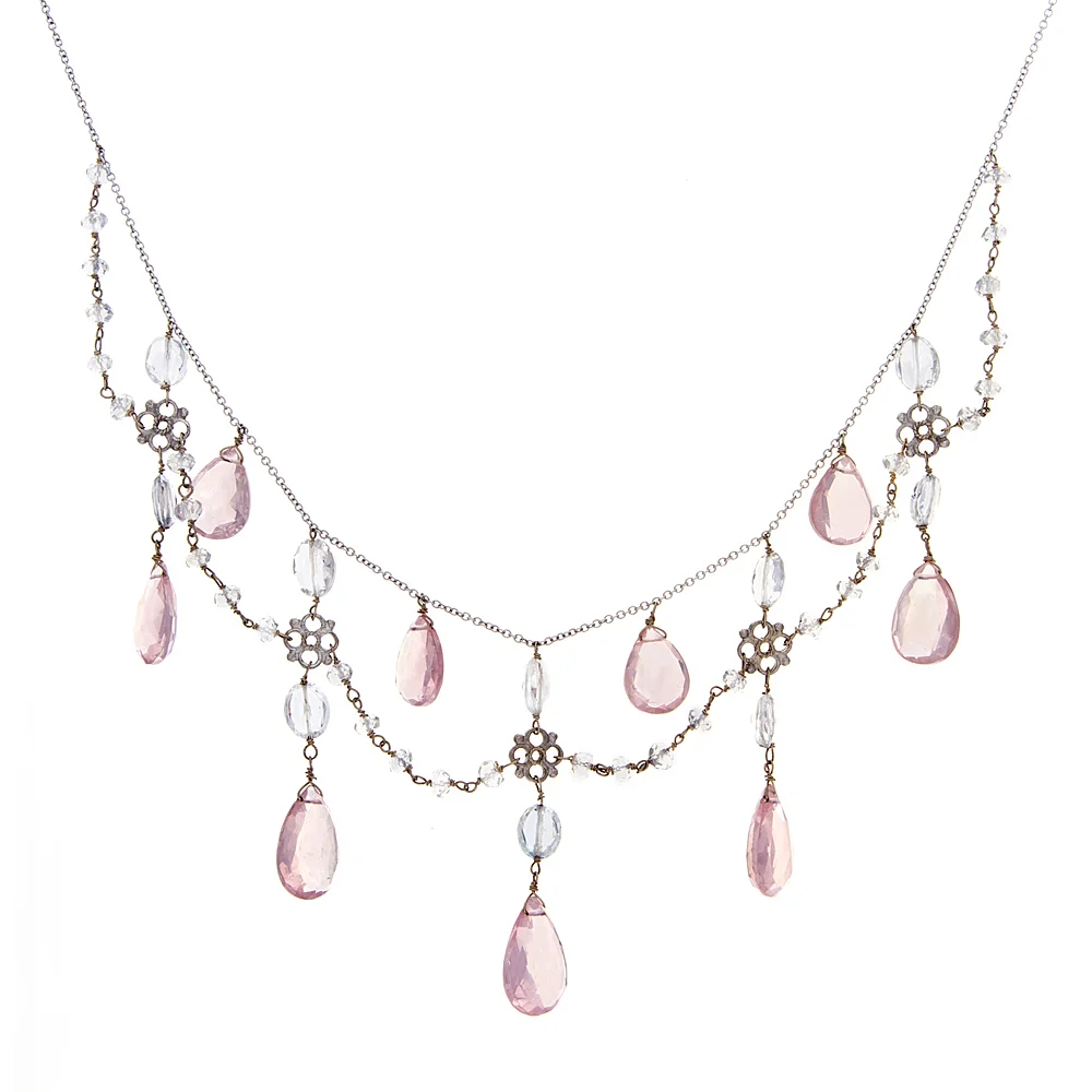 18k WG Rose Quartz, White Topaz Princess Necklace