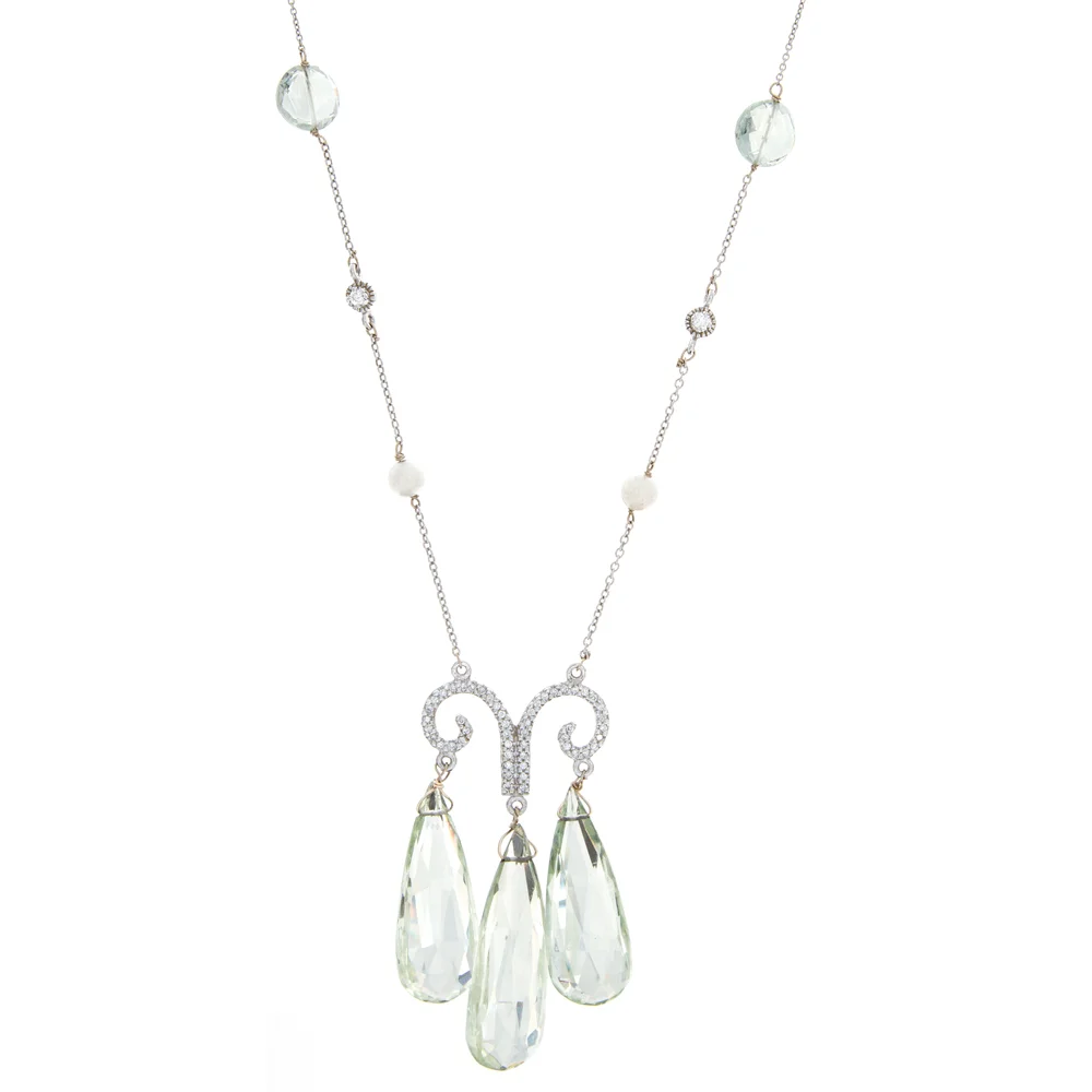 18k WG Green Amethyst, Diamond Cultured Pearl Necklace