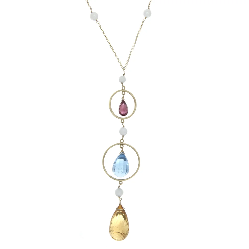 18k YG Citrine, Blue Topaz, Pink Tourmaline and Cultured Pearls Necklace