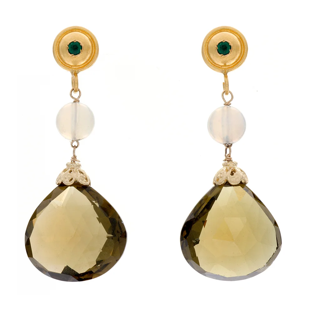18K YG Olive Green Citrine, Opal and Emerald Earrings