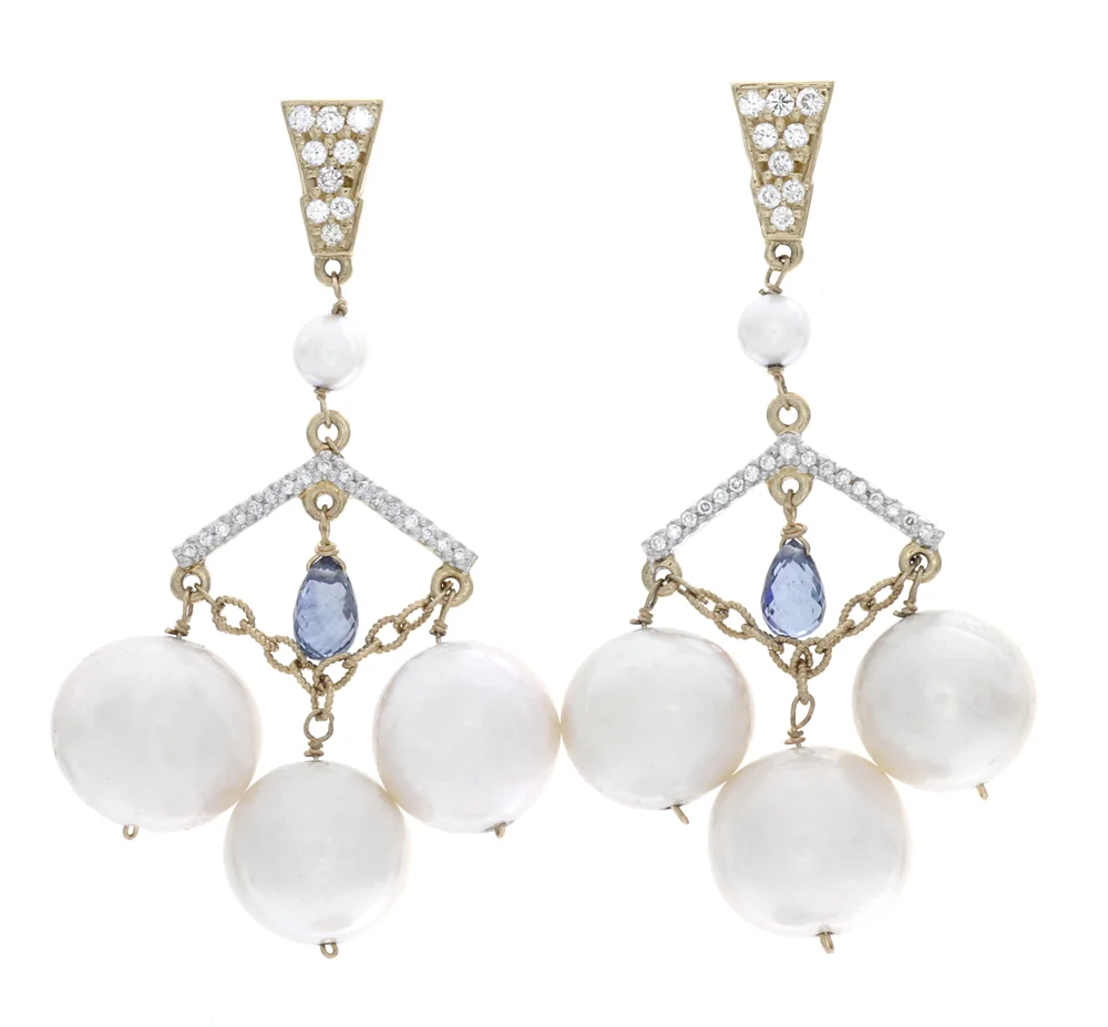 18k YG Freshwater Pearl, Sapphire and Diamonds Earrings