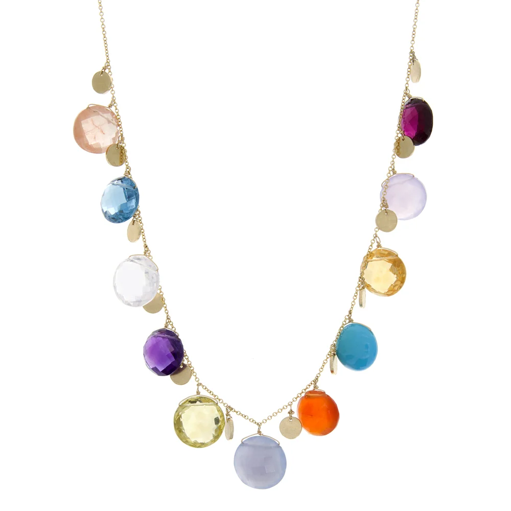 18k YG Multi-Gem Coin and Small YG Disc Necklace