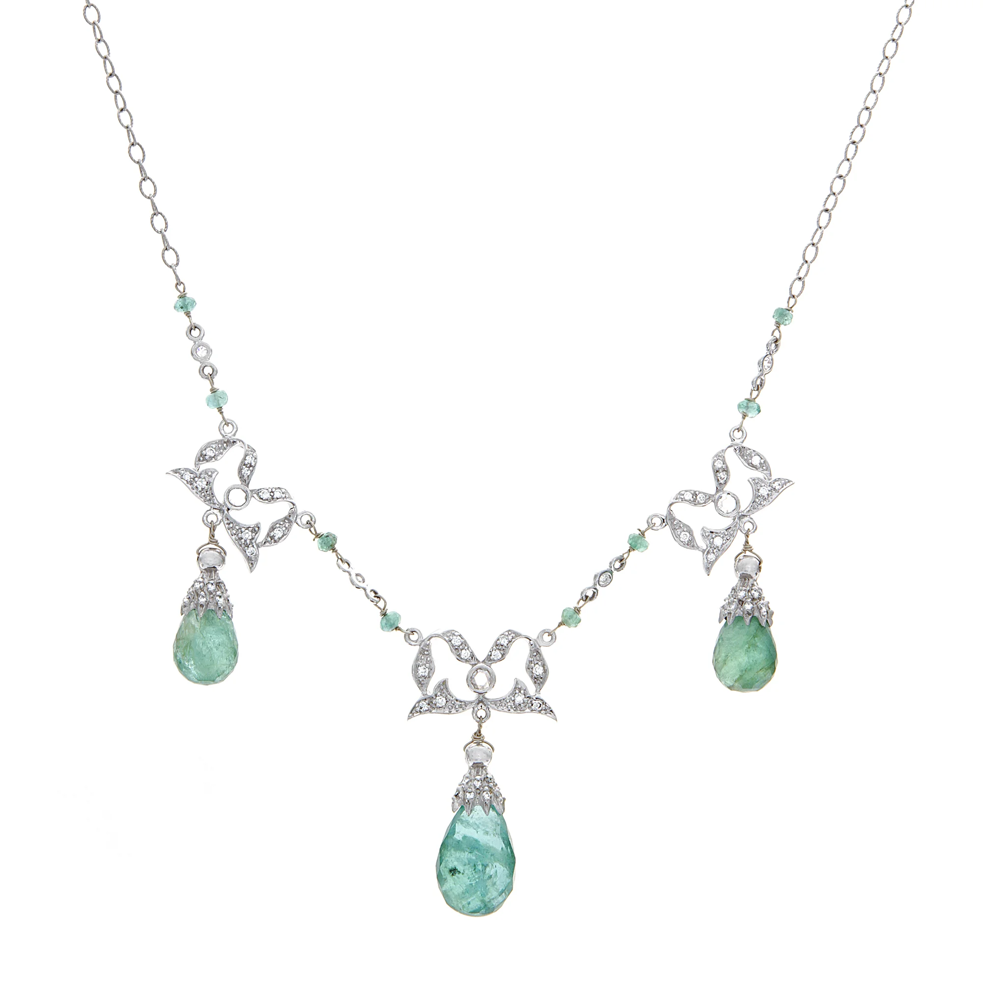 18k WG Emerald, Diamond 3 Drop Necklace with 3 WG Diamond Bows