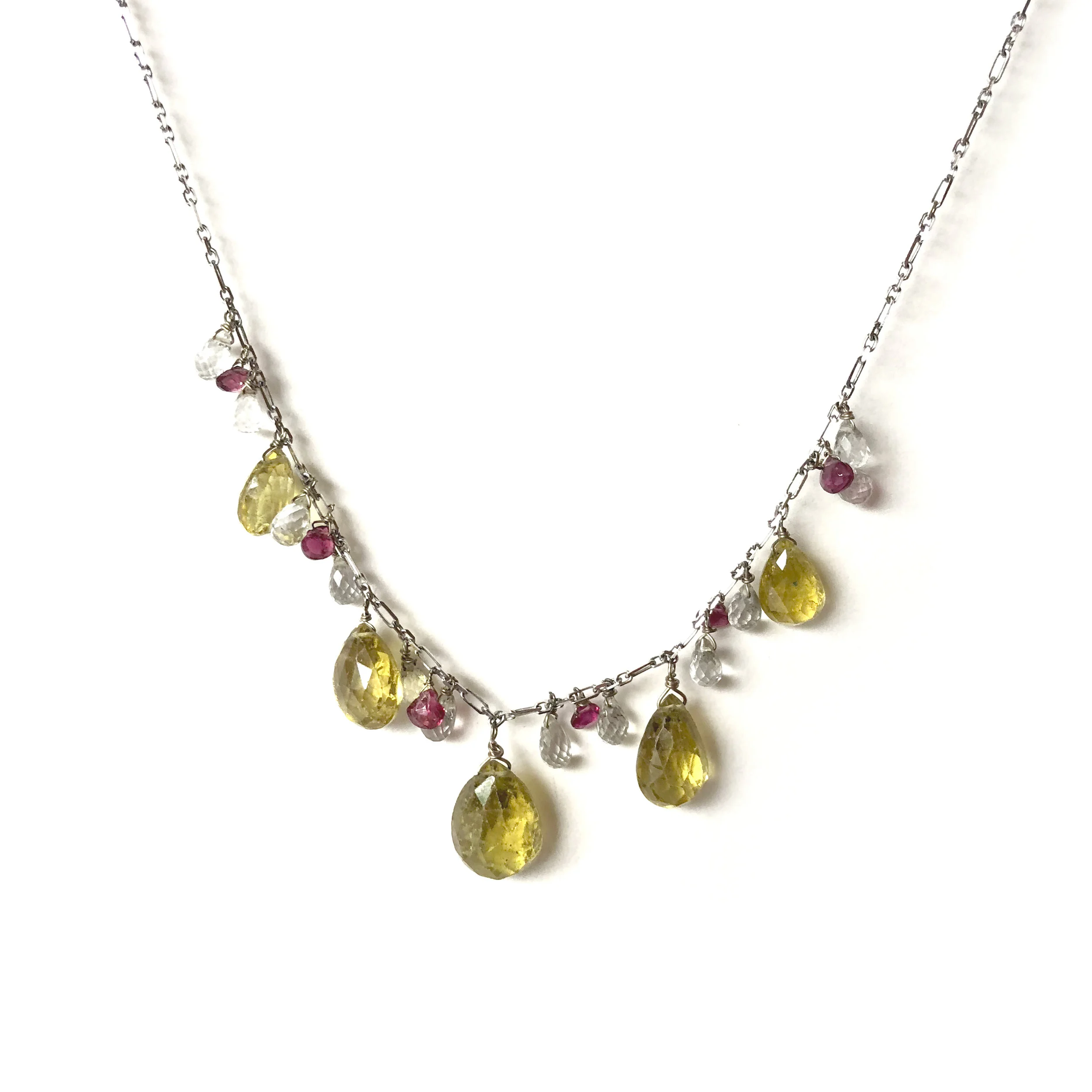 18k WG Heliodor, Pink and White Sapphire Necklace