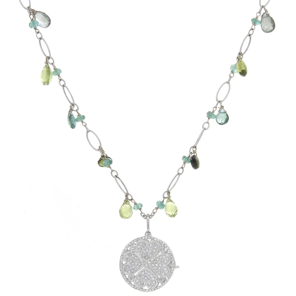 18k WG Green Tourmaline, Emerald Peridot, Diamond 4 Leaf Clover Locket Necklace