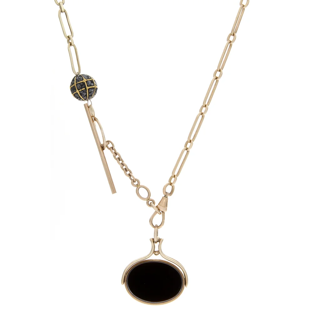 18-22k YG Black Spinel, Calcedony, Black Diamond and Watch Chain Fob Necklace