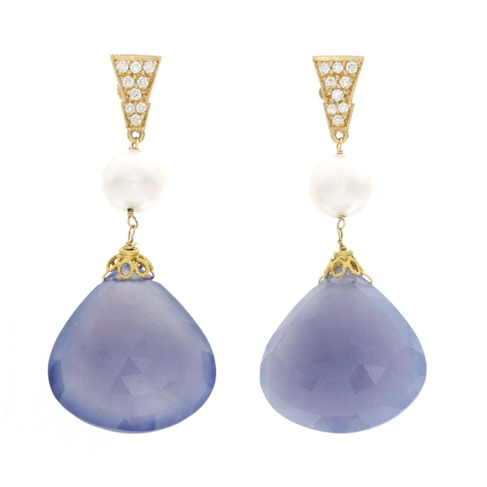 18k YG Calcedony, Cultured Pearl, Diamond Earrings