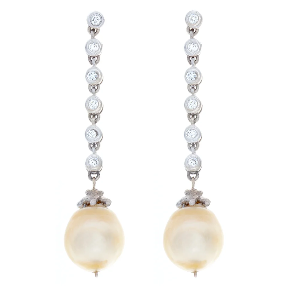 18k WG Golden Tahitian Pearl Diamond Earrings
