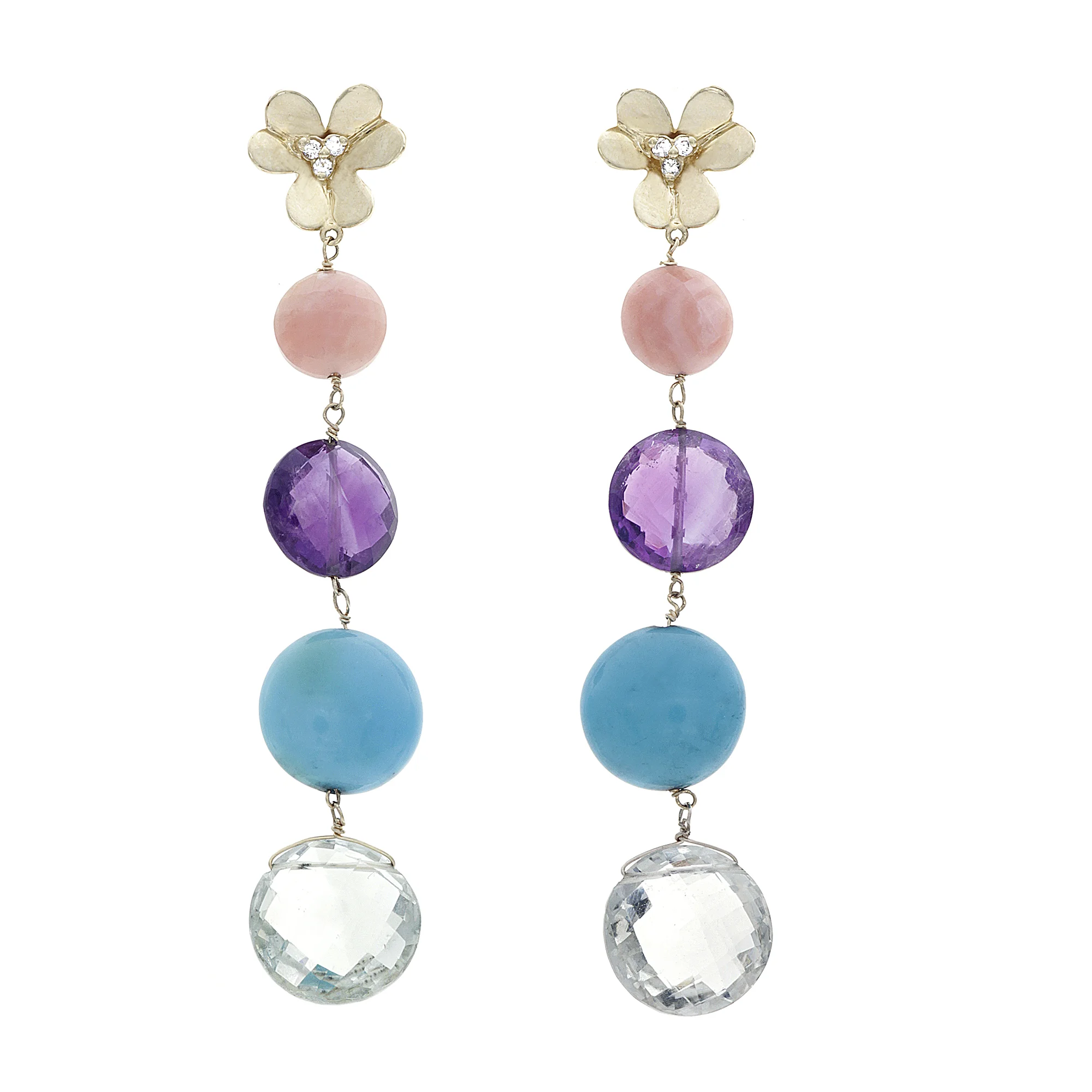 18k YG Green Amethyst, Persian Turquoise, Pink Opal Earrings