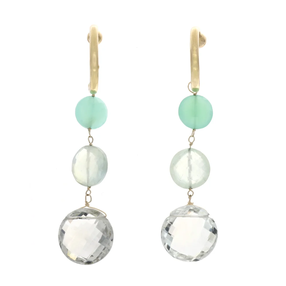 18k YG Green Amethyst, Frenite, Chrysophase Earrings
