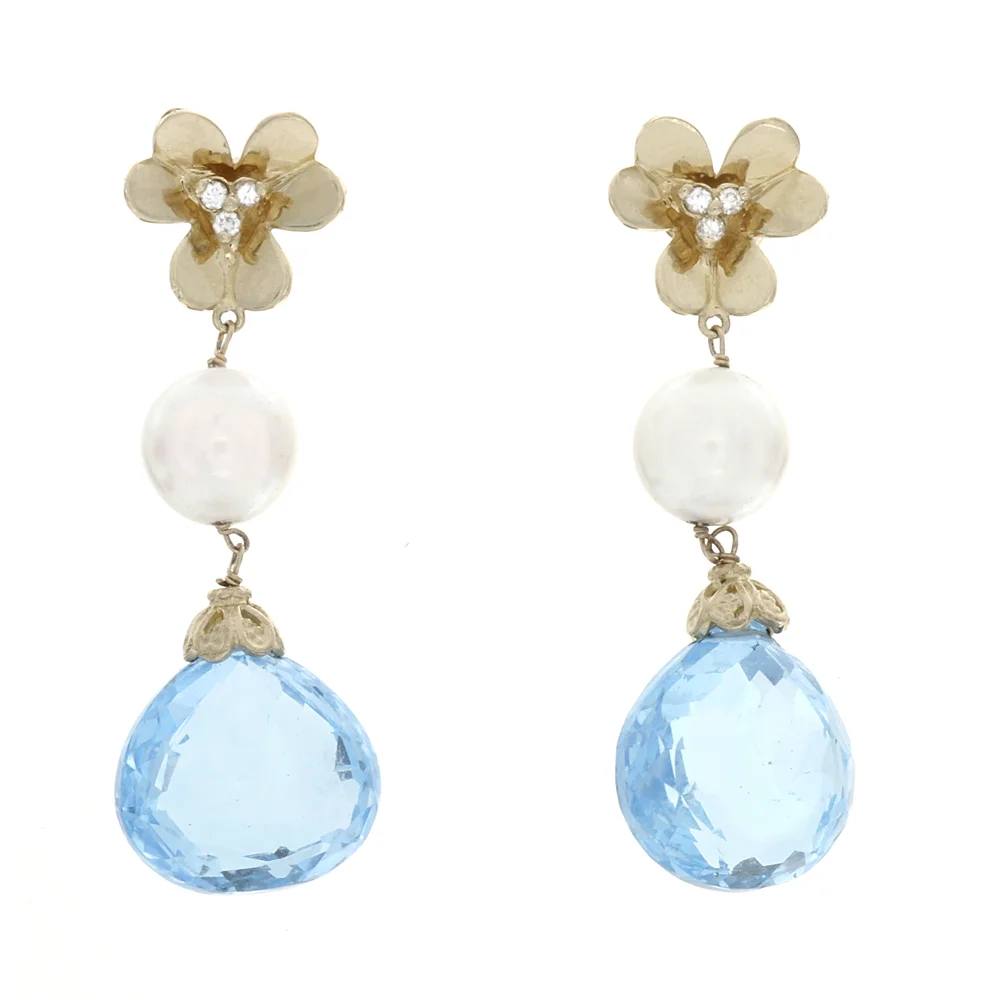 18k YG Aquamarine and Cultured Pearl Earrings