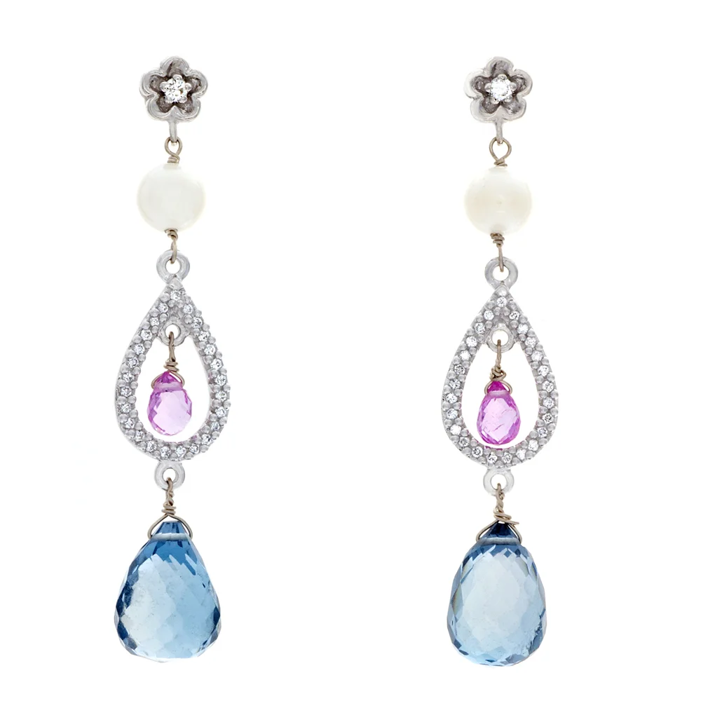 18k WG London Blue Topaz with Pearls Earrings