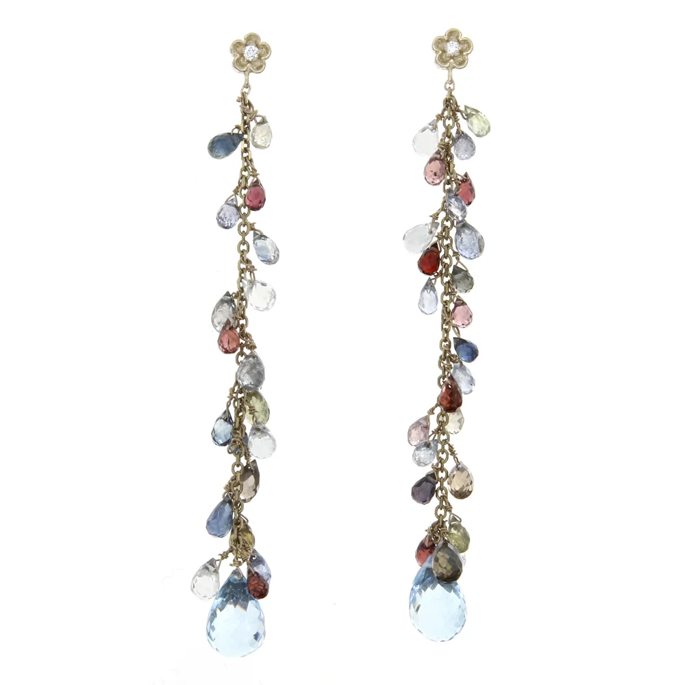 18k YG Blue Topaz Drop Sapphires and Diamonds Earrings