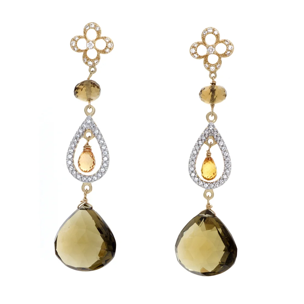18k YG Olive Citrine, Yellow Sapphire and Diamonds Earrings