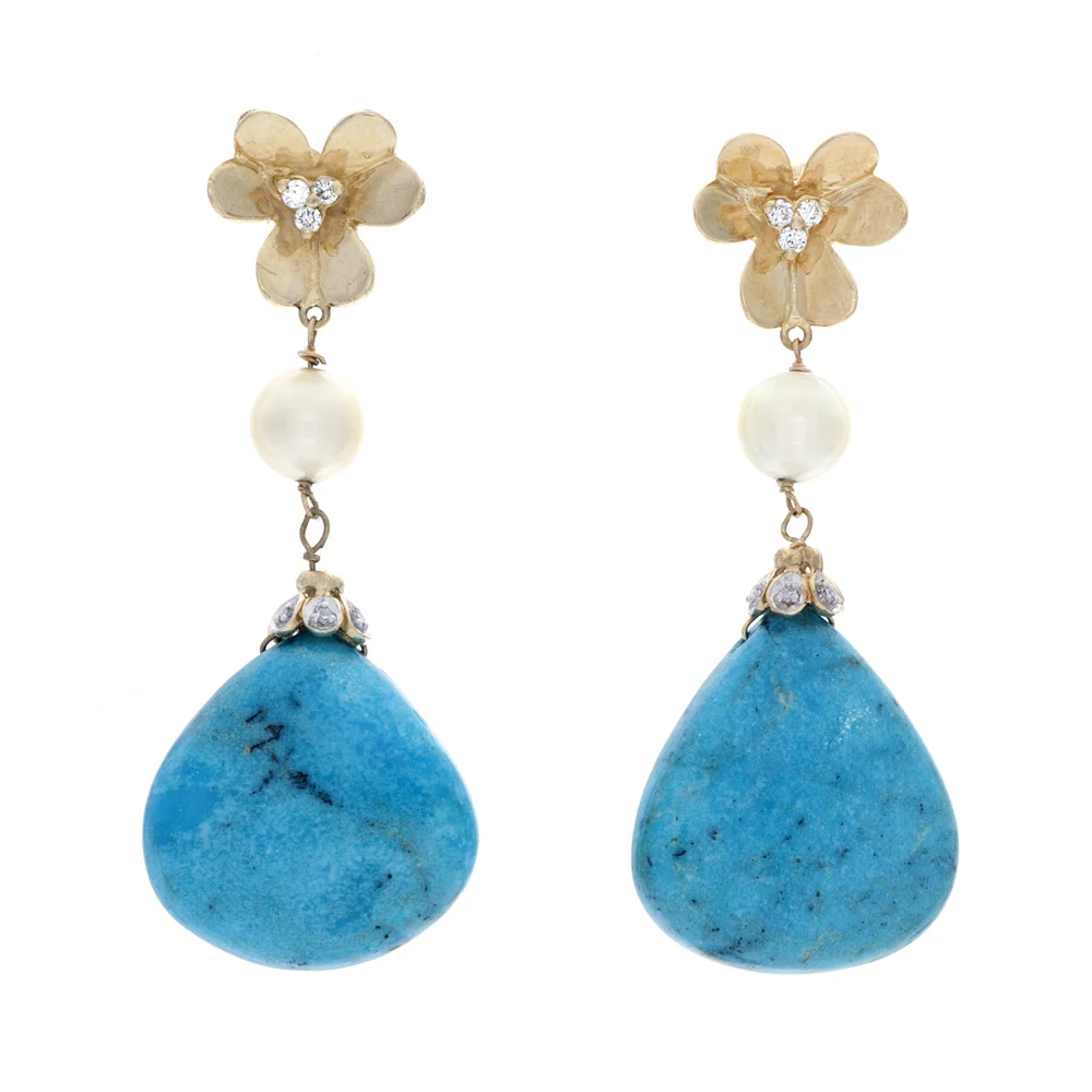 18k YG Persian Turquoise, Pearls and Diamond Earrings