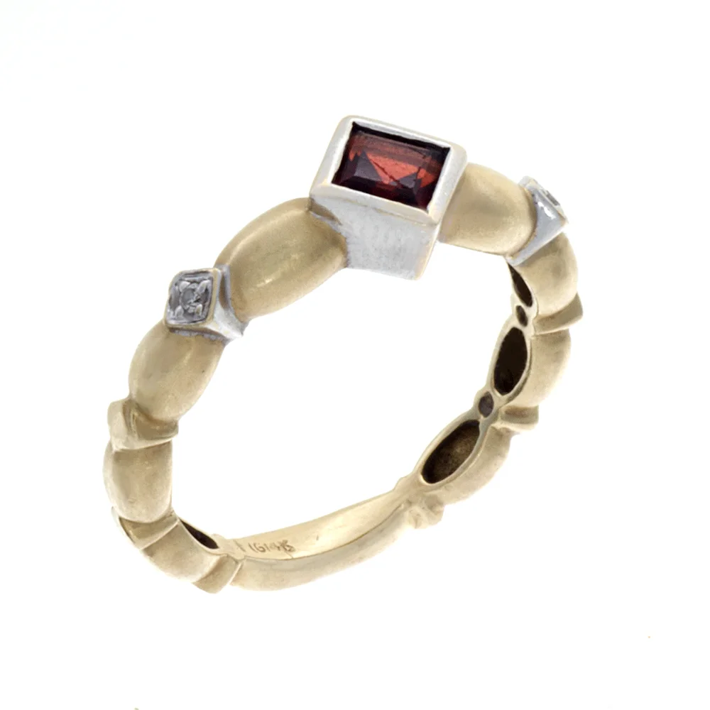 14k Yellow Gold with White Gold Accents and Garnet center stone with Diamonds Ring