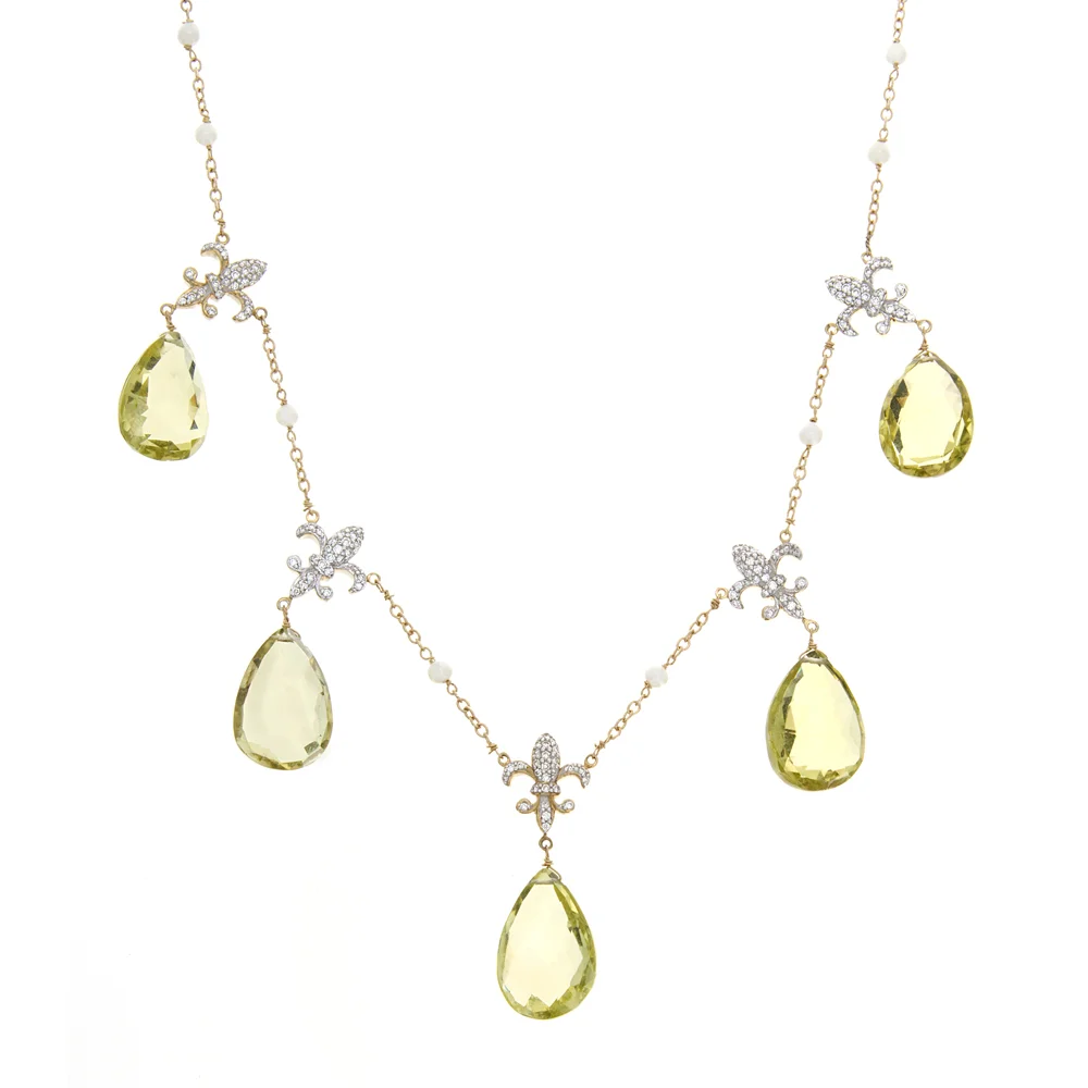 14-18k YG Diamond Fleur Di Lis Lemon Citrine and Pearl Necklace