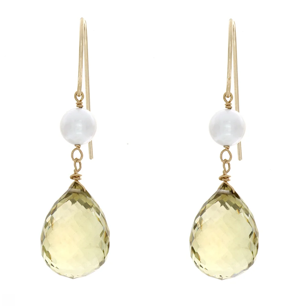 14k YG Lemon Citrine, Cultured Pearl Earrings