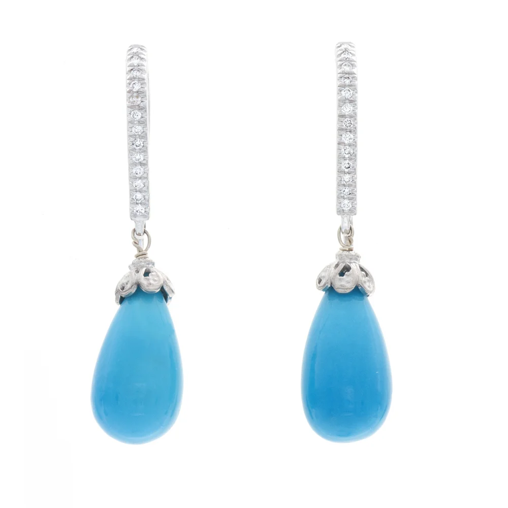 18k WG Diamond and Persian Turquoise Earrings with Diamond Hook