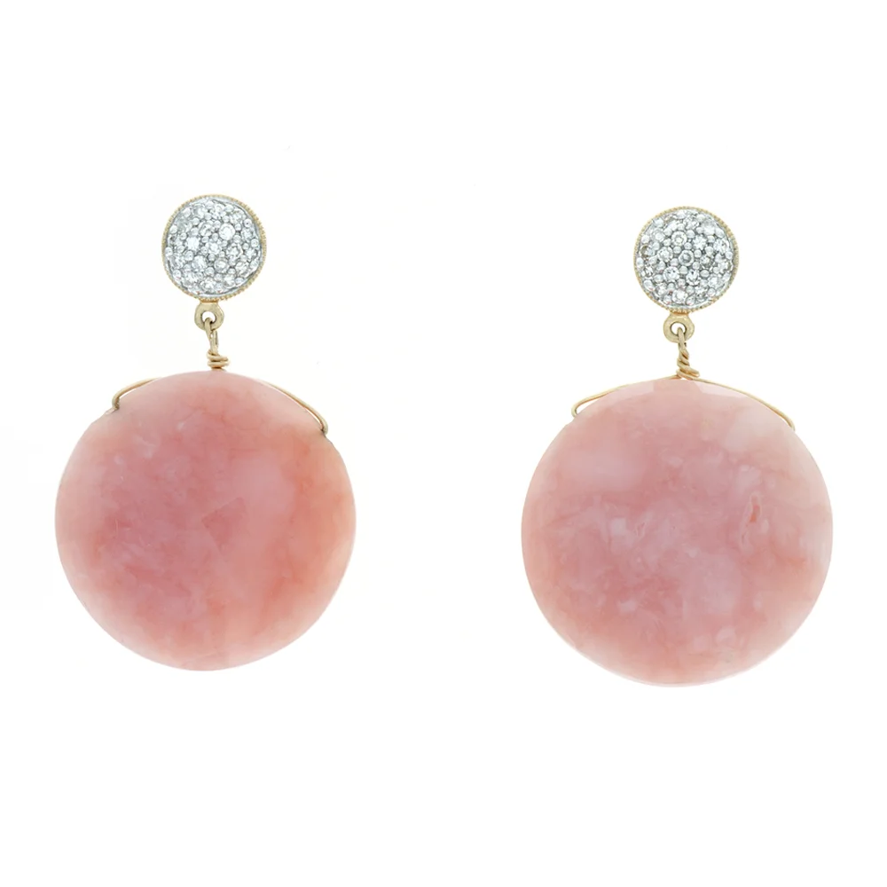 18k YG Diamond Pink Opal Coin Earring