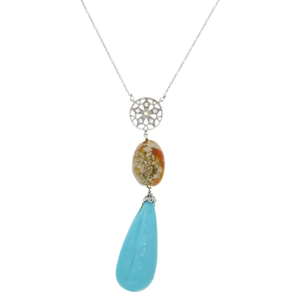 18k WG Diamond, Australian Opal, Persian Turquoise Pendant