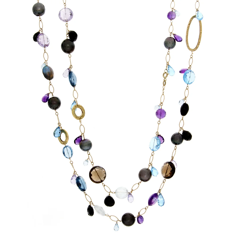 18k YG Black Tahitian Pearls, Smokey Blue Topaz Necklace