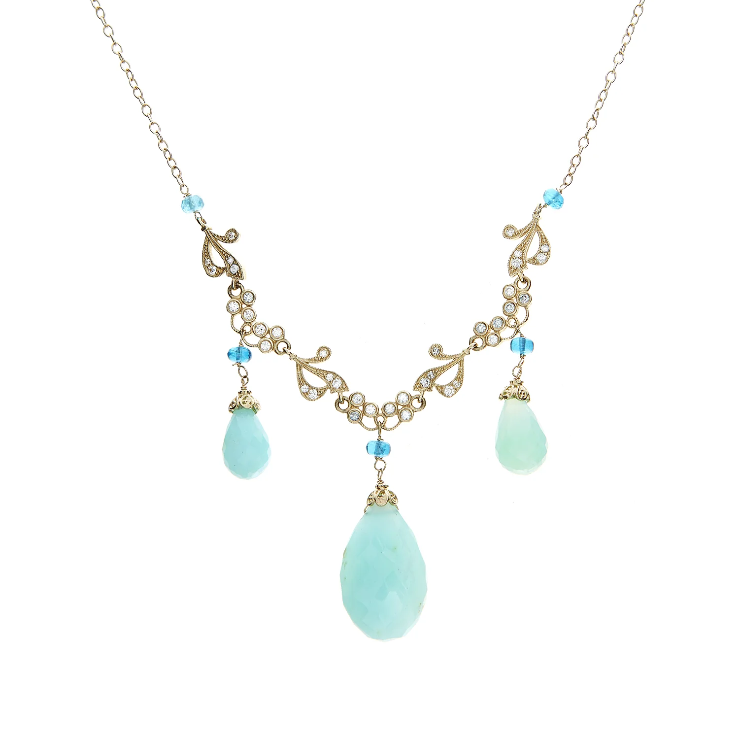 14-18k YG Peruvian Opal Diamond, Peacock Blue Apetite Necklace