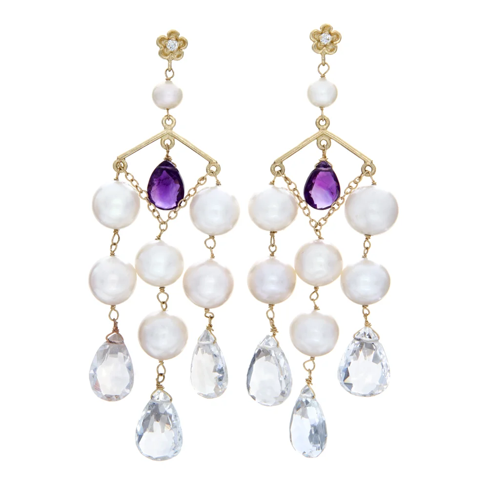 18k YG Pearl, Amethyst, White Topaz Diamonds