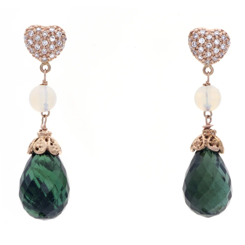 18k RG Green Tourmaline, Opal, Diamonds Earrings