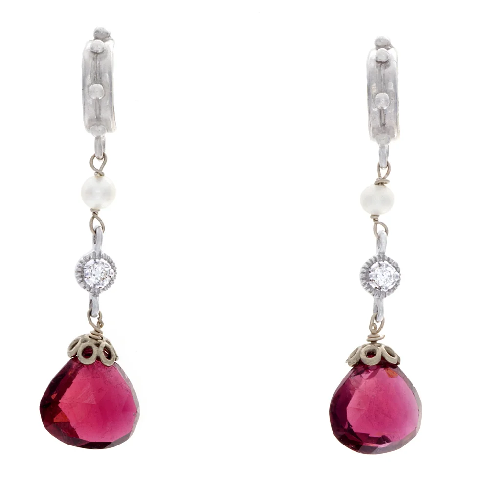 18k WG Ruby, White Topaz, Diamonds Earrings