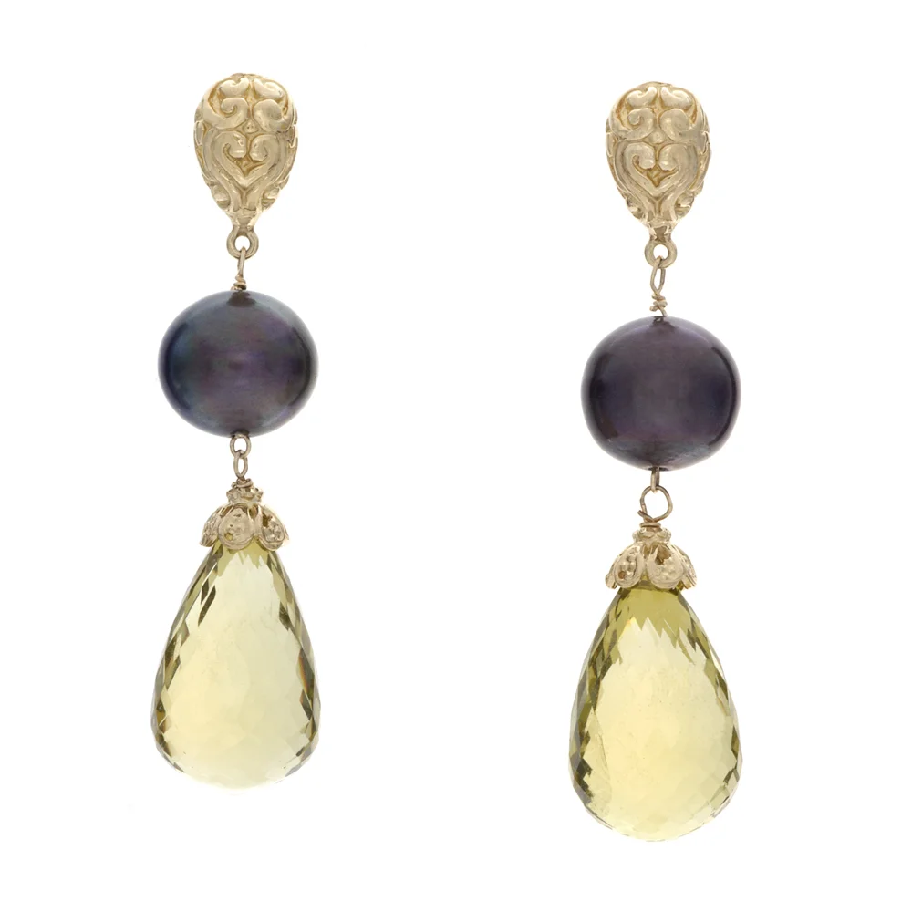 18k YG Lemon Citrine, Black Tahitian Pearls 