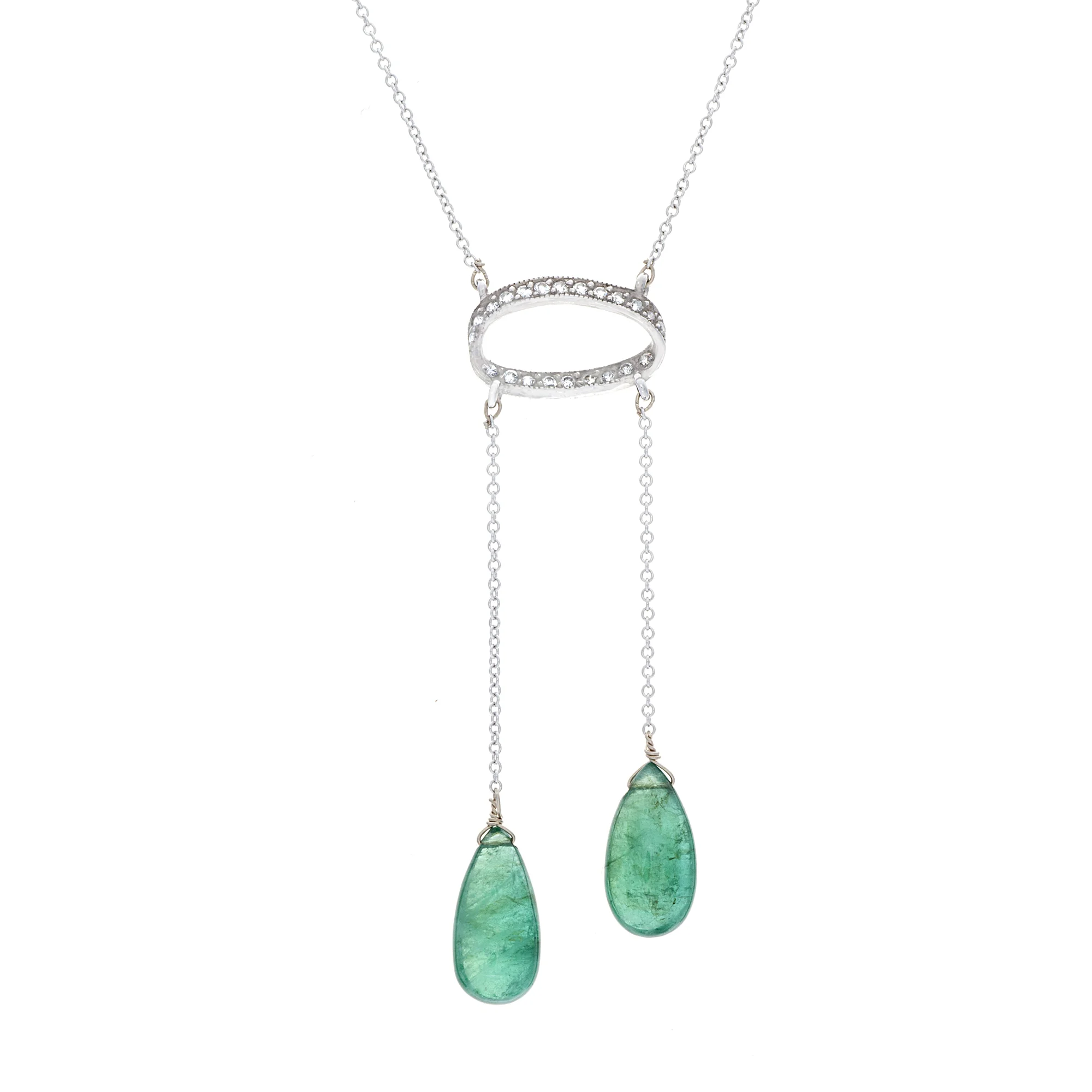 18k WG Emerald, Diamond Halo Necklace