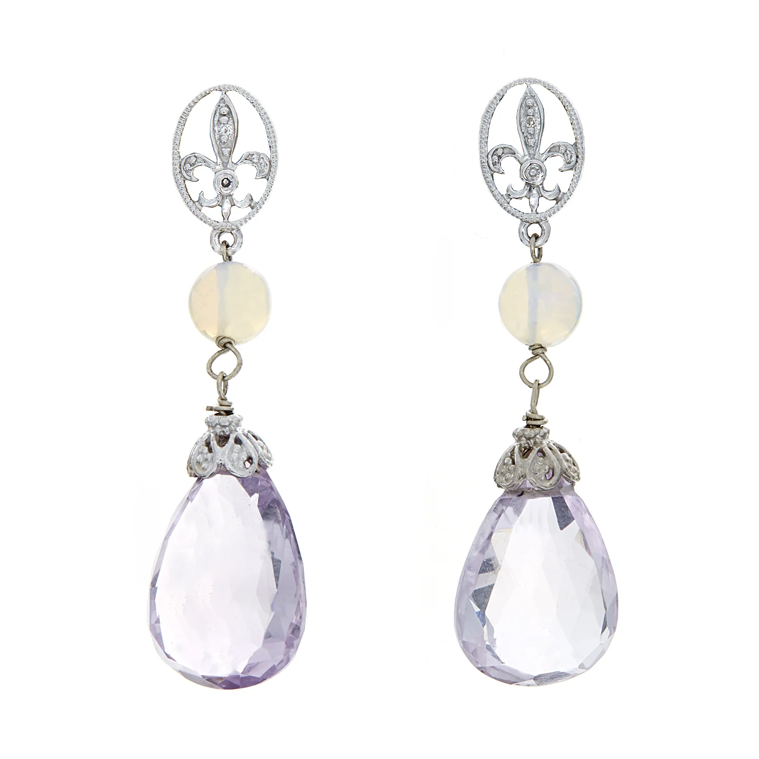 18k WG Lilac Amethyst, Opal, and Diamond "Fleur di Lis" Earrings