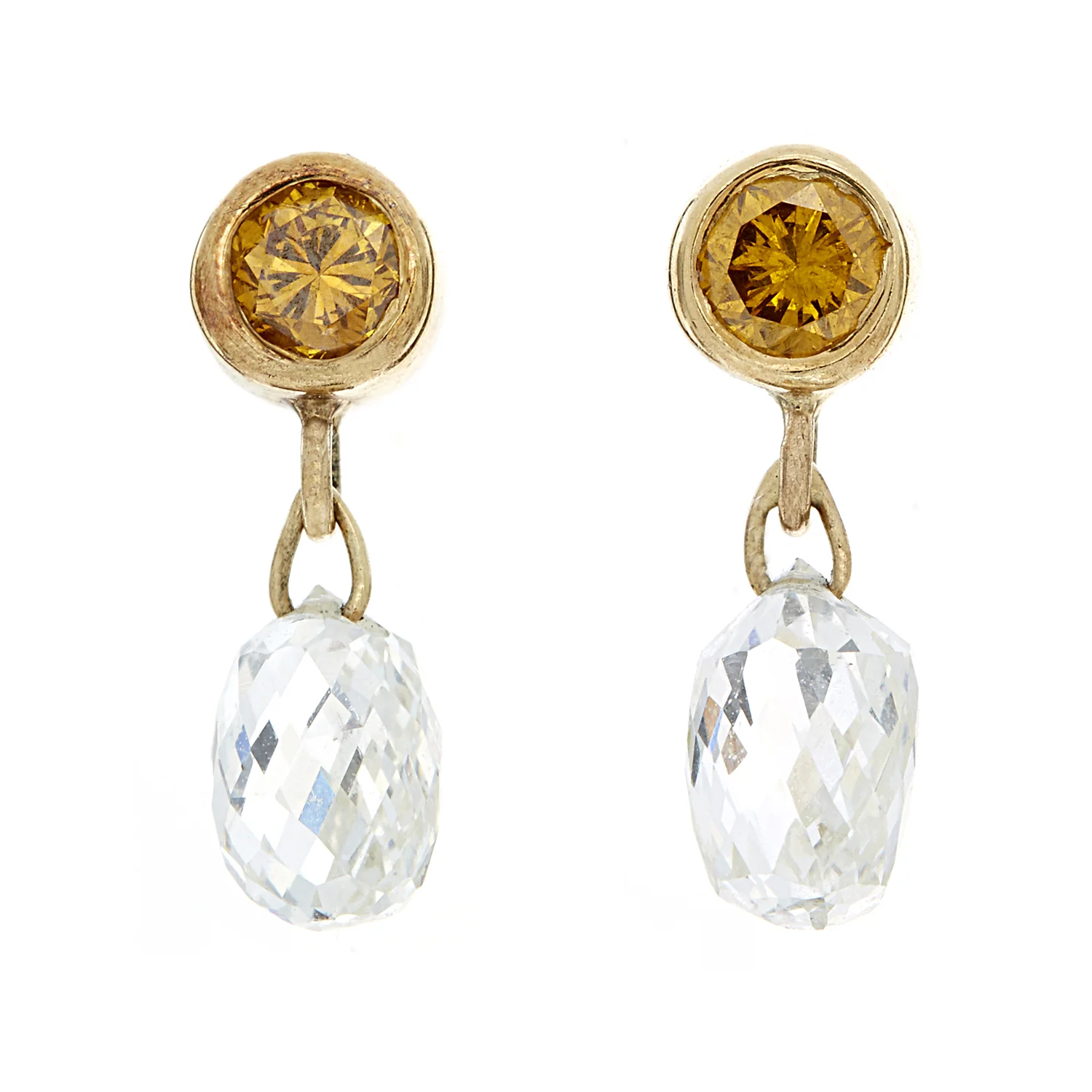 18k YG 2ct TW Diamond Briolette and .60ct TW Yellow Diamond earrings