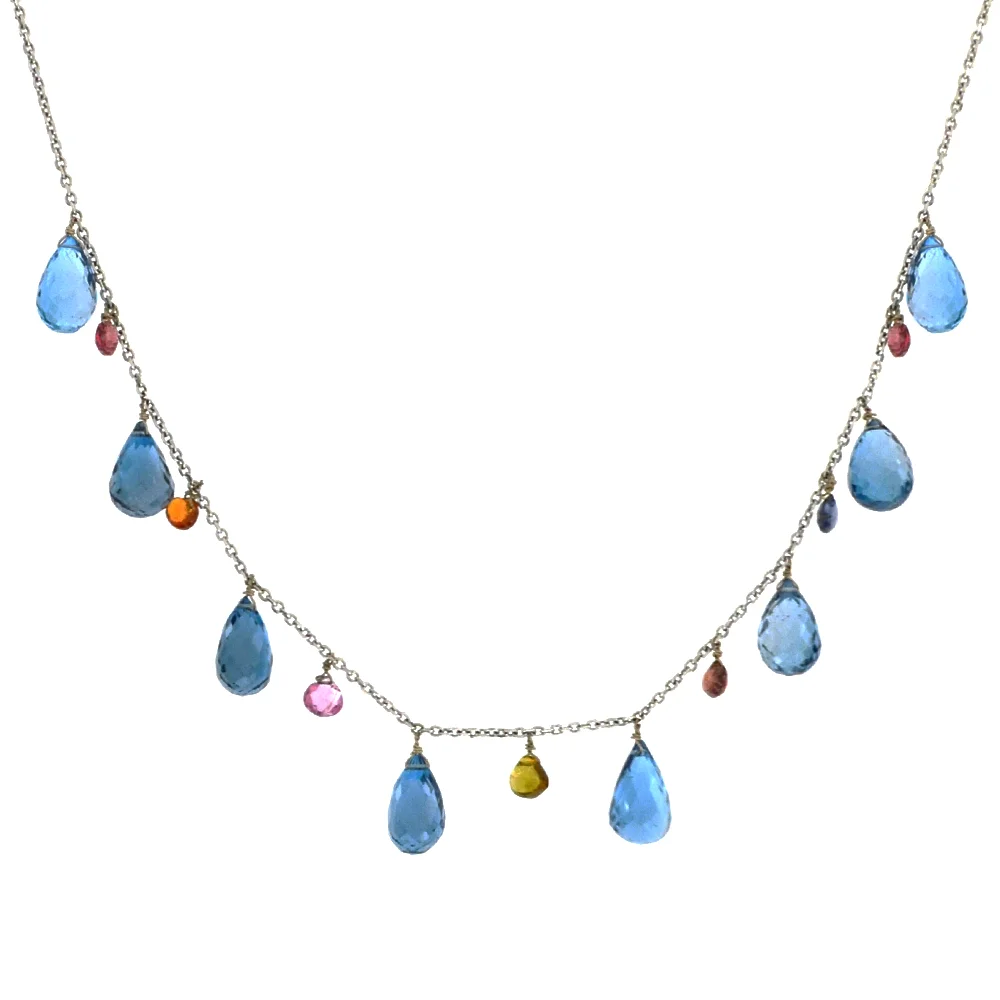 14K White Gold, London Blue Topaz, Colored Sapphire Necklace