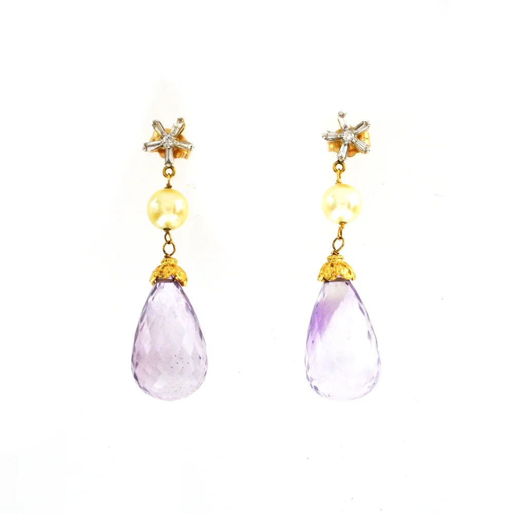 14k YG Lilac Amethyst, Opal, and Diamond Earrings