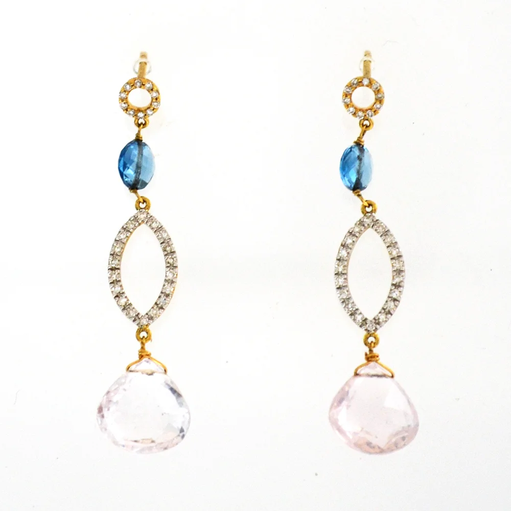 14k YG Morganite, Blue Topaz and Diamond Earrings