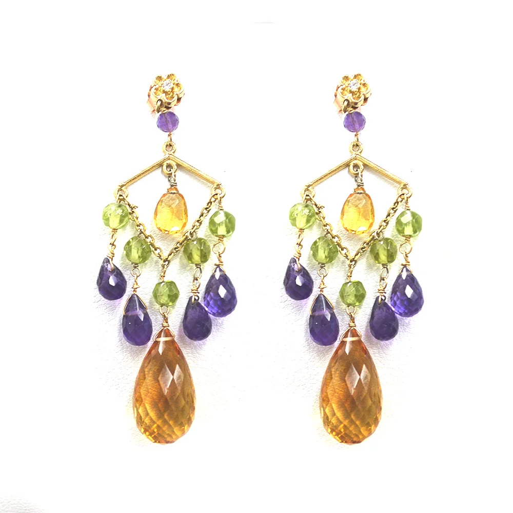14k YG Citrine, Kyanite, Peridot, and Diamond Earrings