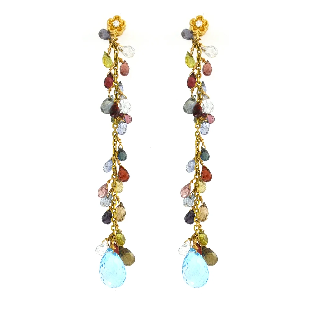 14k Yellow Gold with Aquamarine drop and Colored Sapphires and Diamond Earrings