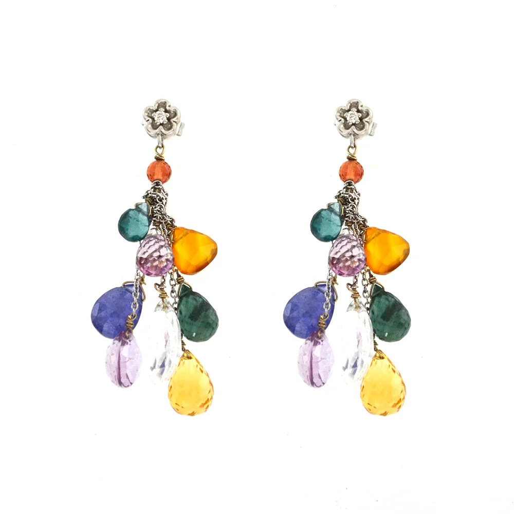 14k Yellow Gold with Multi-colored Gemstones and Diamond Earrings