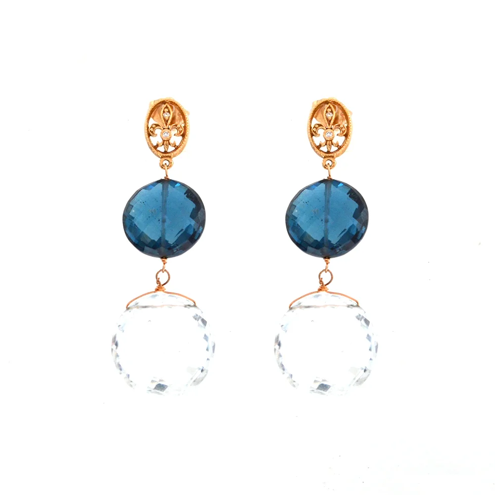18k Rose Gold "Fleur di Lis" with White and Blue Topaz and Diamond Earrings