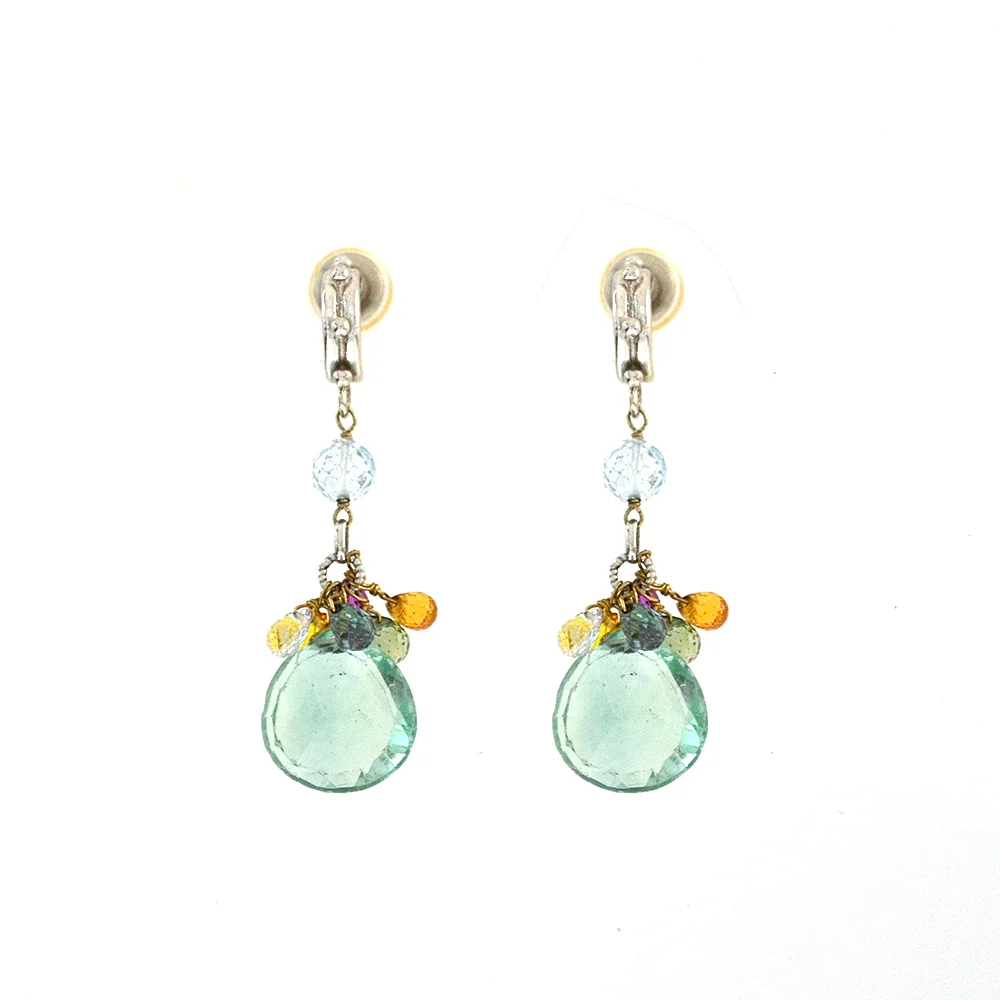 14k White Gold with Afghan Tourmanline drops and colored Sapphire and Diamond Earrings