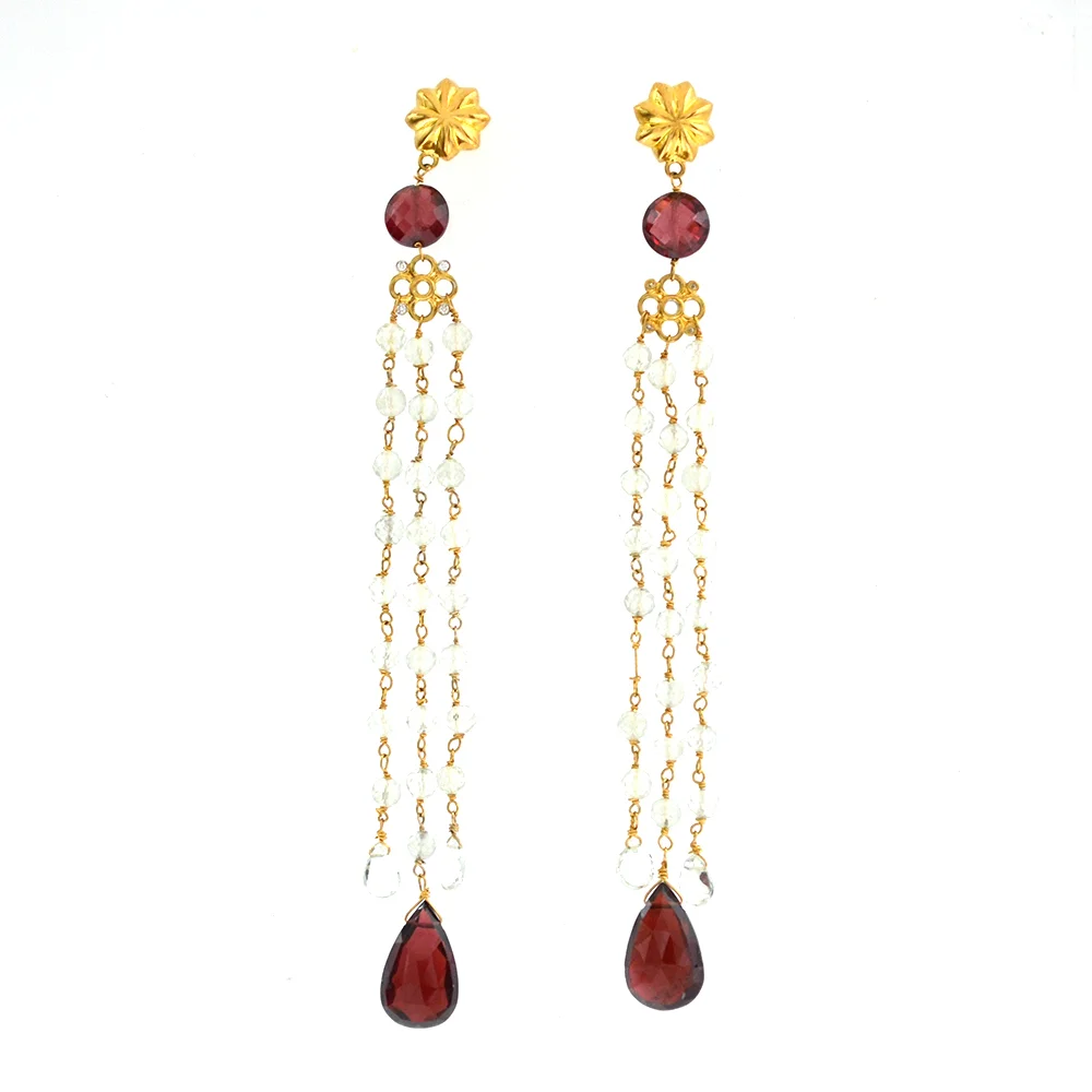 14k Yellow Gold with Garnet, Whte topaz and Diamond Earrings