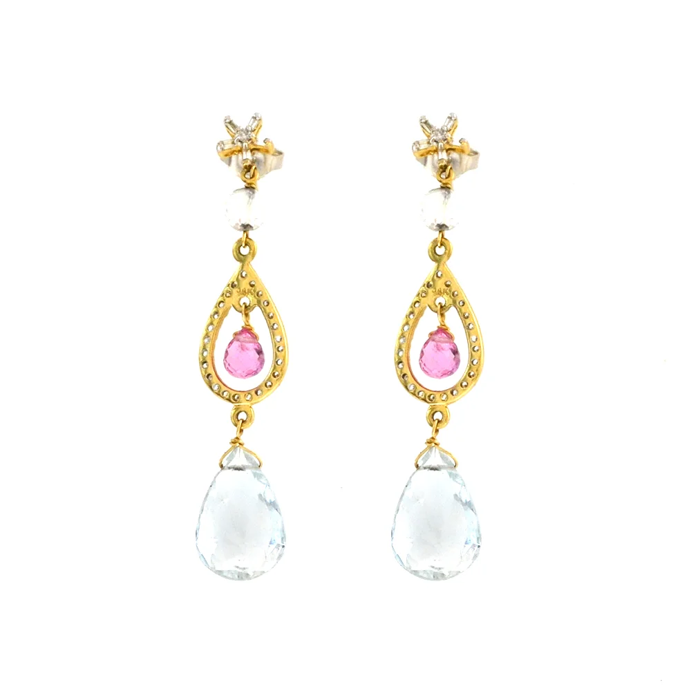 14k Yellow Gold with White Topaz, Pink Sapphire and Diamond Earrings