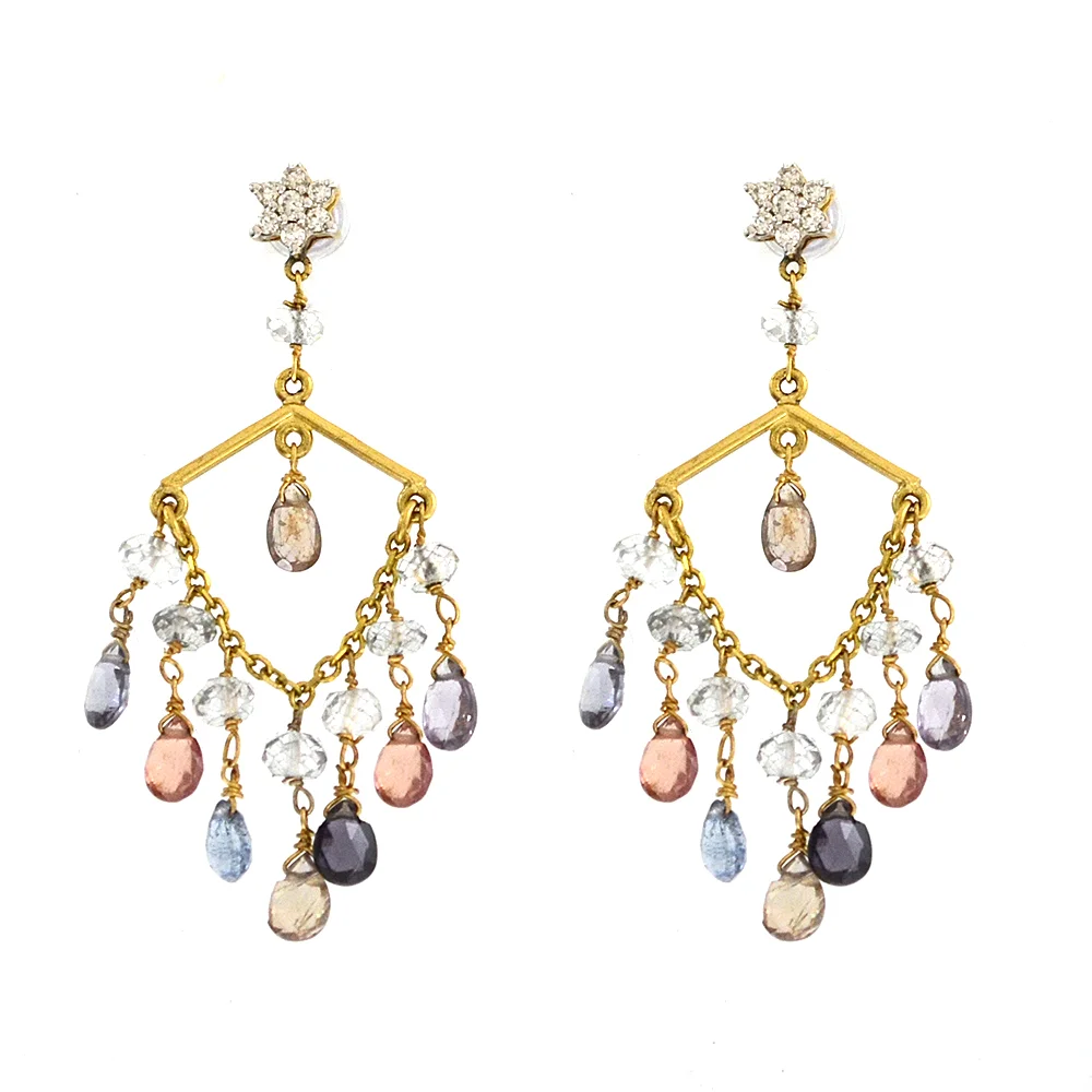 14k Yellow Gold with colored Sapphires and Diamond Earrings